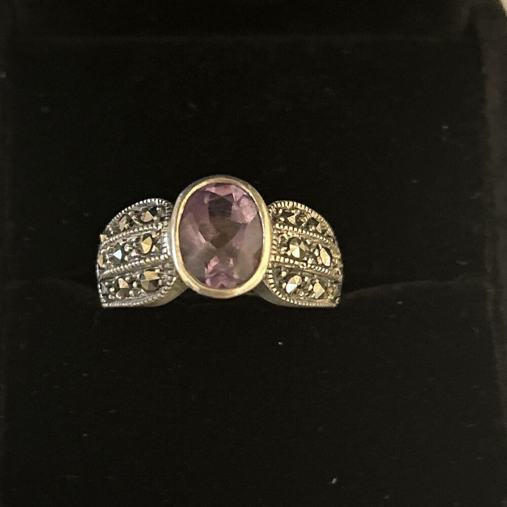 Vintage Sterling Silver, Amethyst Marcasite Ring Size 7 3/4